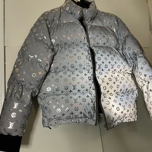 Rich boys street wear puffer jacket reflective silver metallic LV not authentic